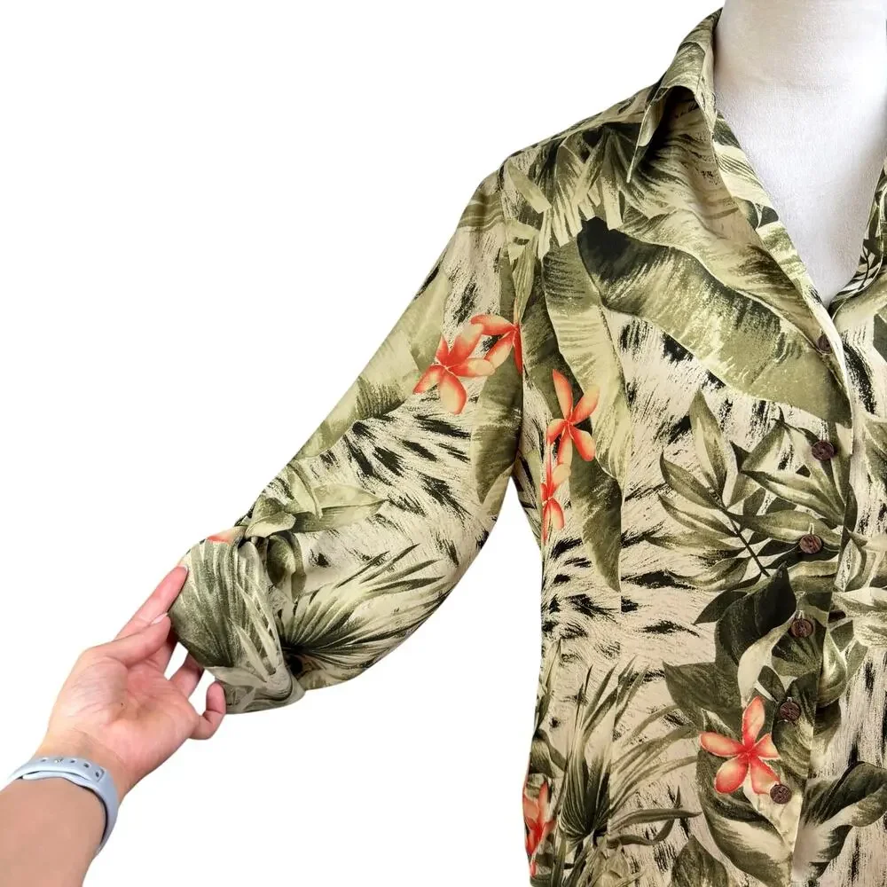 Josephine Chaus Womens 2 Piece Green Tropical Floral Print Silk Matching Set
